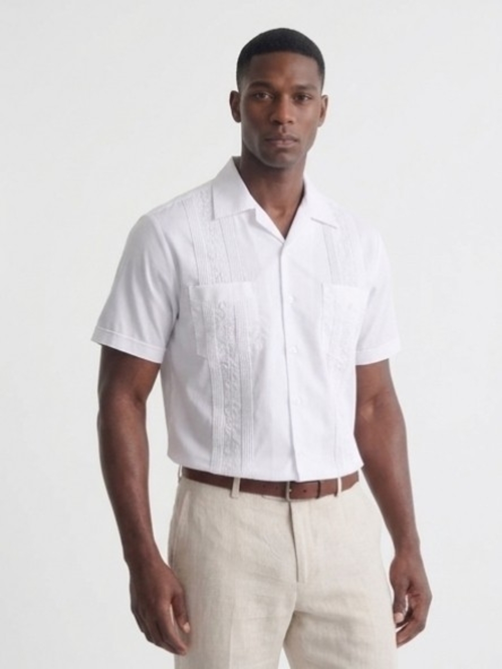 Omega Fashion Men's White Short-Sleeve Guayabera Shirt